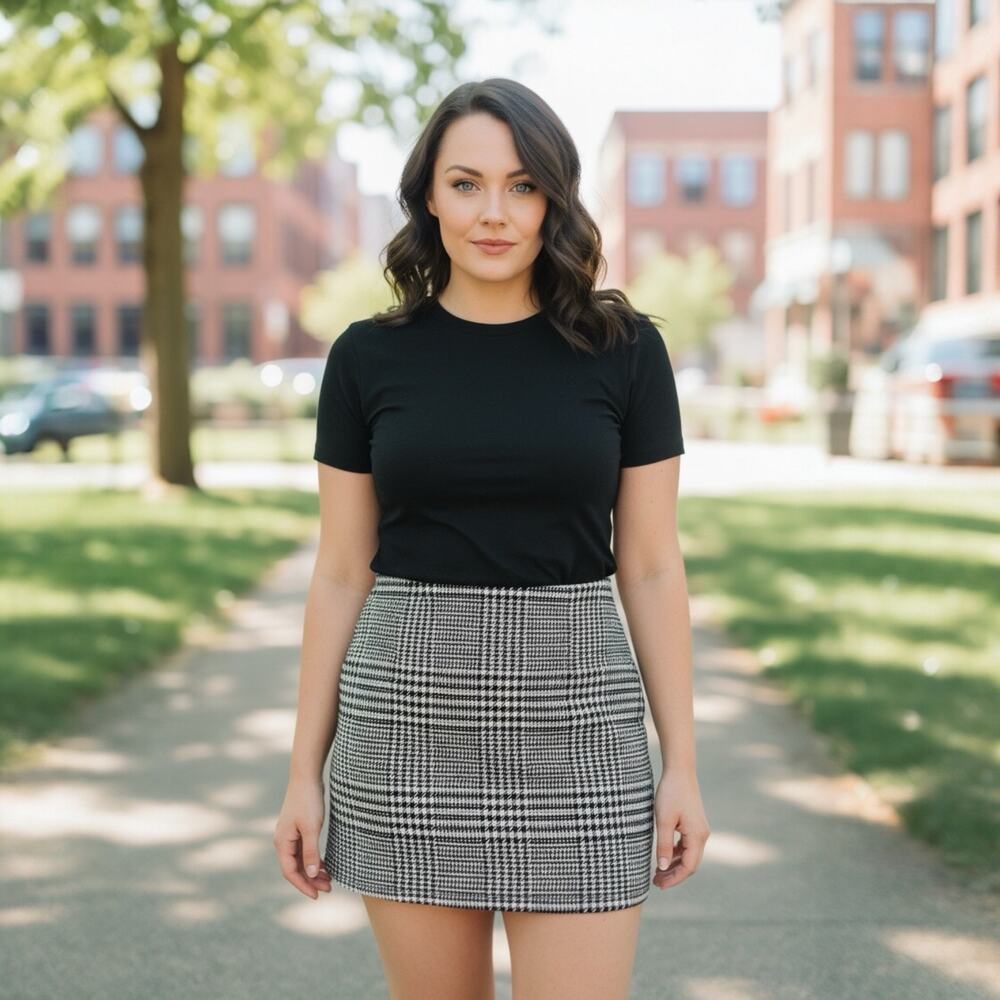 H&M Houndstooth Wool Blend High Rise Mini Skirt Brown Black Plaid Womens Size 8